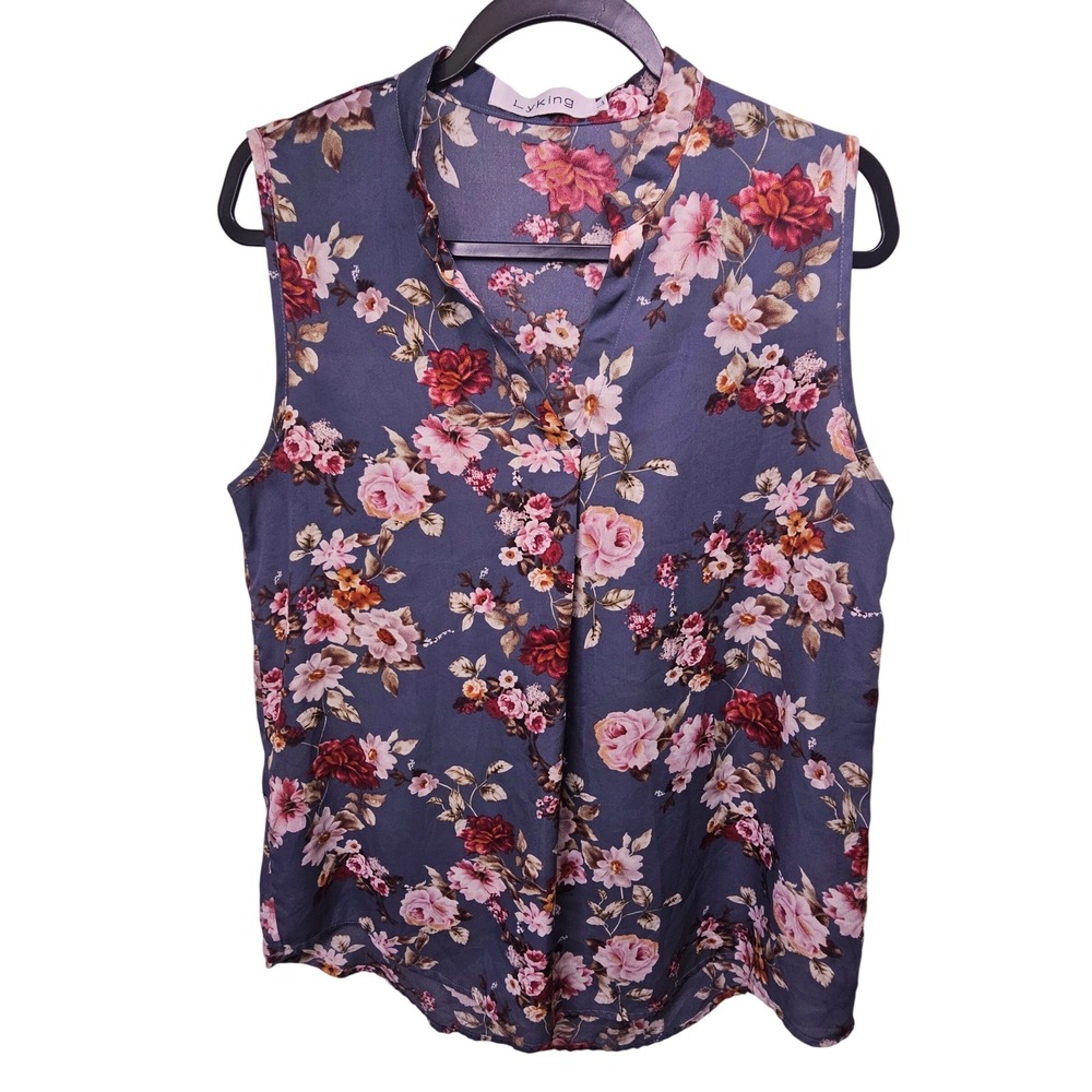 Lyking Womens Floral Sleeveless Blouse Blue Pink V-Neck Lightweight Top Large